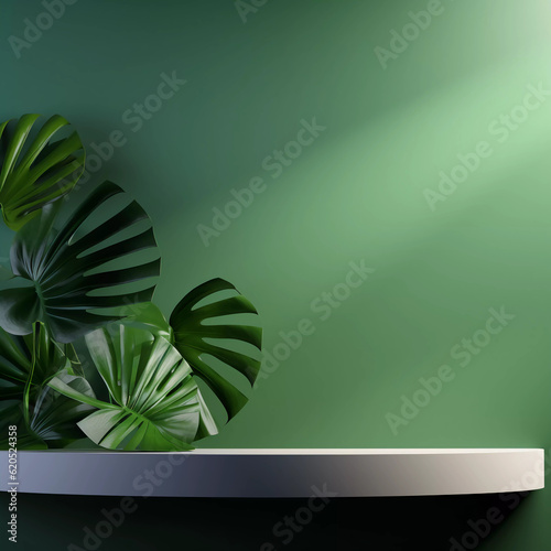 Wooden product display podium with green leave background  Minimalistic nature background  Template design for cosmetics  beauty nature product showcase  poster  banner  cover design  AI generated.