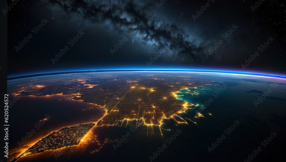 Night view of the Earth from space showing visible city lights.