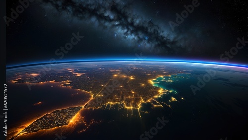 Night view of the Earth from space showing visible city lights.