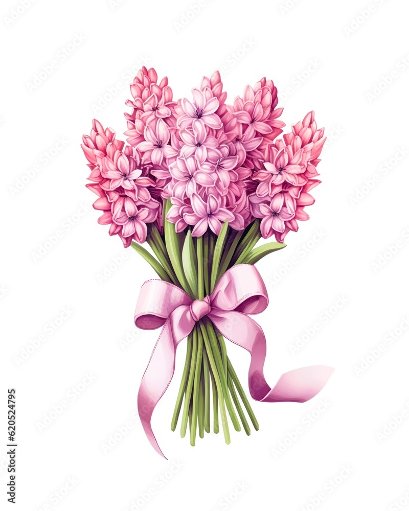 Bouquet of pink hyacinth flowers tied with pink ribbon isolated on white background in watercolor style. Generative AI.