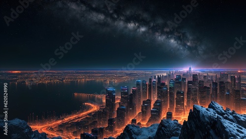 Futuristic city at night with a starry sky