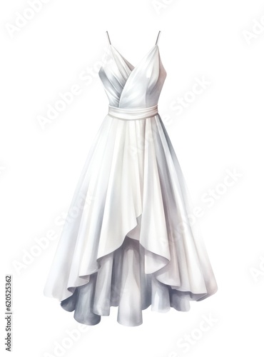 White female dress isolated on white background in watercolor style. Generative AI.