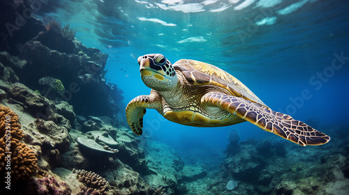Beautiful green turtle under the sea  Generative Ai