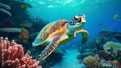 Beautiful green turtle under the sea, Generative Ai