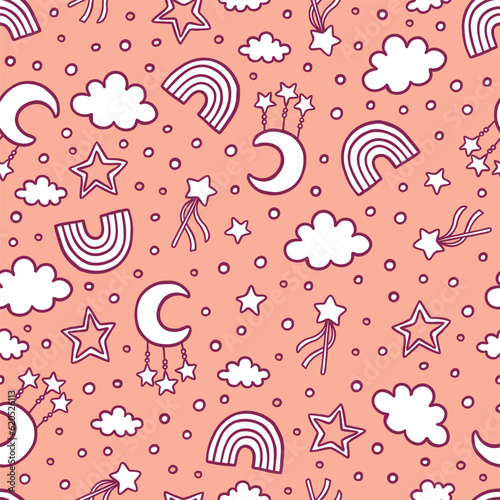 Kids room interior seamless pattern with hand drawn detail