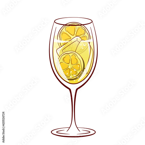Hugo spritz cocktail with lime slice and ice cubes in line art cartoon style. Summer italian alcohol drink with liqueur, prosecco and sparkling soda water. Vector illustration isolated on a white