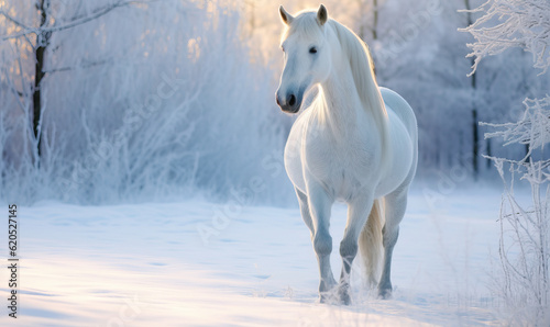 Majestic White Horse in Winter Forest. Created using generative AI tools