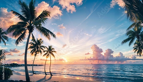 Captivating Timelapse Silhouette of Coconut Palm Trees in the Breathtaking Sunset Sky over the Sea ai generated © slumart