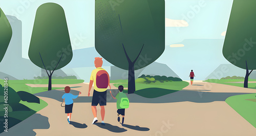 mann fiktiv geht mit kindern wandern spazieren 
illustration generative ki photo