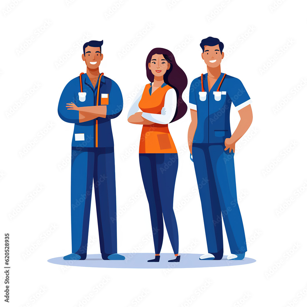 Full body standing next to each other Nursing staff man and woman blue orange colours vector art white background Full body standing next to each other Nursing staff man and woman blue orange colours vector art white background