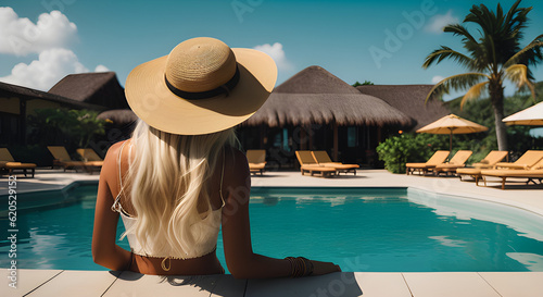 frau blond mit strohhut schaut auf pool urlaub sommer sonne holidays hotel anlage ressort wow - generative ki © fotoak80