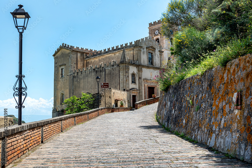A view of the church S. Nicola of the village of Savoca, Sicily, Italy. The town was the location for the scenes set in Corleone of Francis Ford Coppola's The Godfather.