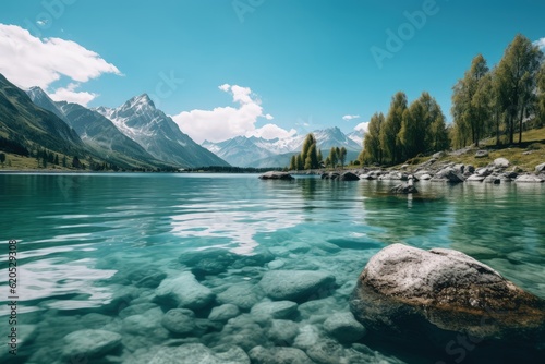 Scenic view of a lake surrounded by mountains and blue Generative AI