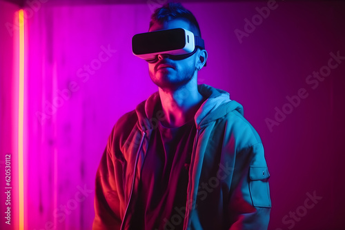 Man with earring wearing virtual reality glasses, wall with neon lights in the background. VR for free time and entertainment. © Olga
