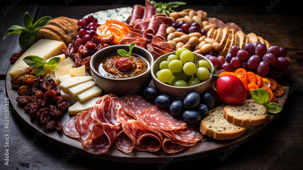 A platter of charcuterie featuring cured meats, sliced prosciutto, salami, and a selection of olives A platter of charcuterie featuring cured meats, sliced prosciutto, salami, and a selection of olives