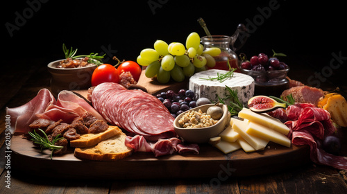A platter of charcuterie featuring cured meats, sliced prosciutto, salami, and a selection of olives