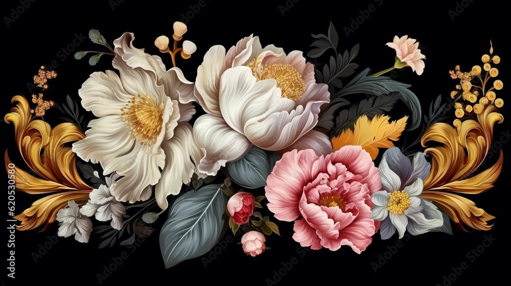 Vintage flowers. Peonies, tulips, lily, hydrangea on black. Floral background. Baroque style floristic illustration. Generative AI - obrazy, fototapety, plakaty 