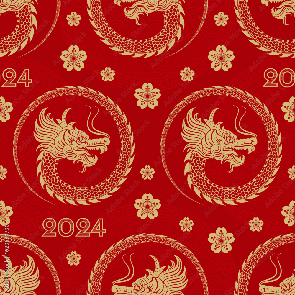 Seamless pattern with Asian elements for happy Chinese new year of the Dragon 2024