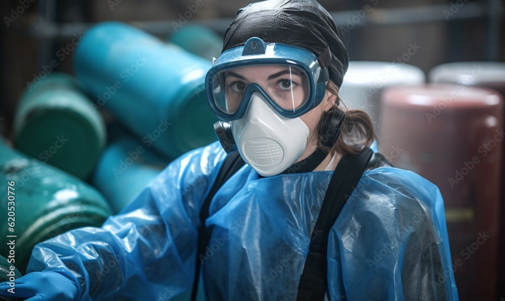 person sorting chemical waste in gas mask person sorting chemical waste in gas mask