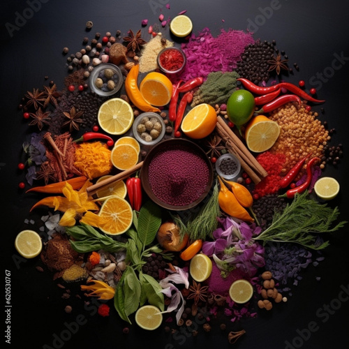 Overhead photography of a bunch of different spices on a black background