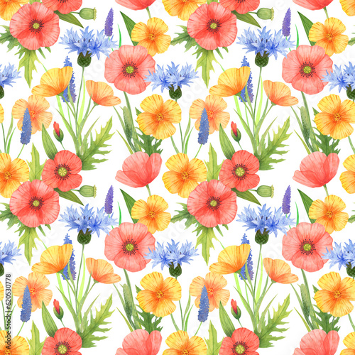 Watercolor wildflowers seamless pattern on white © Alex Pictures
