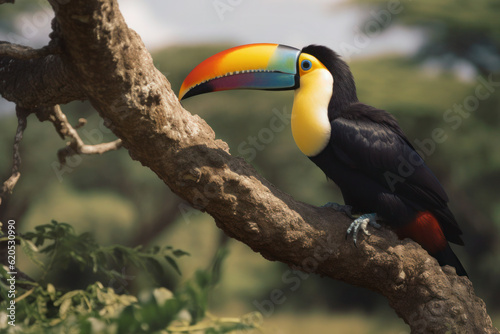 Colourful toucan sitting on a tree. Generative AI