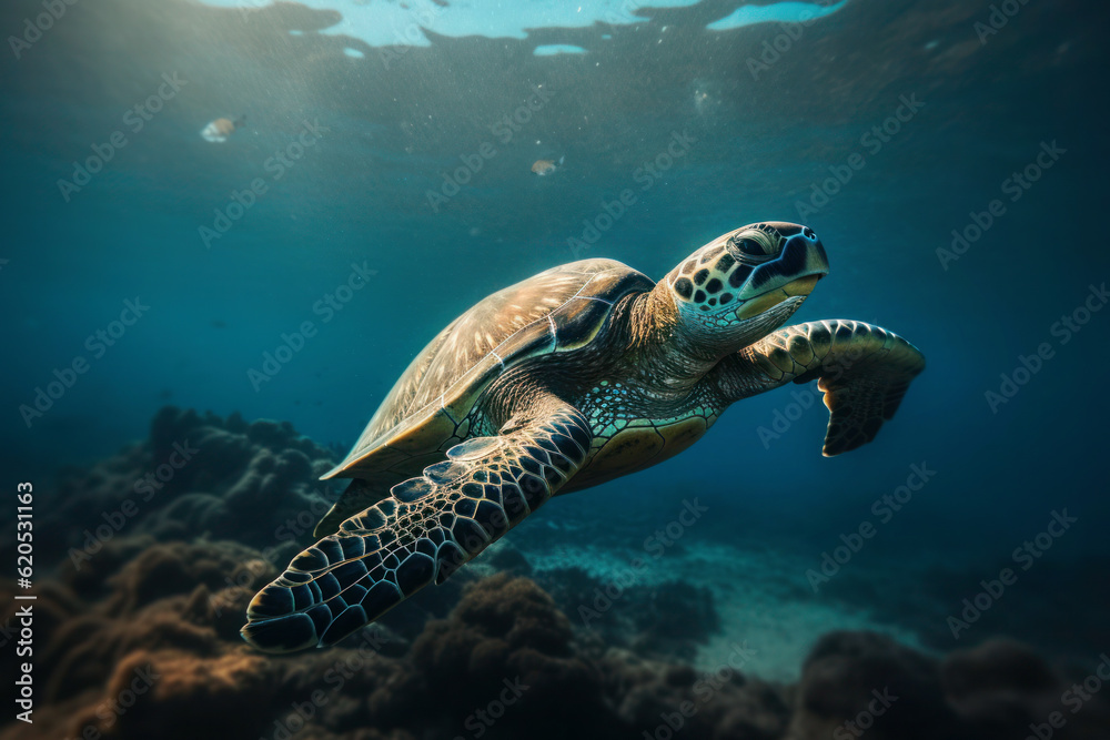Fototapeta premium Big turtle diving in the ocean, generative AI