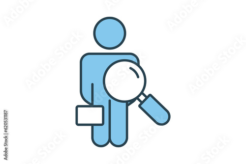 Find employee icon. Magnifying glass with man. Flat line icon style design. Simple vector design editable