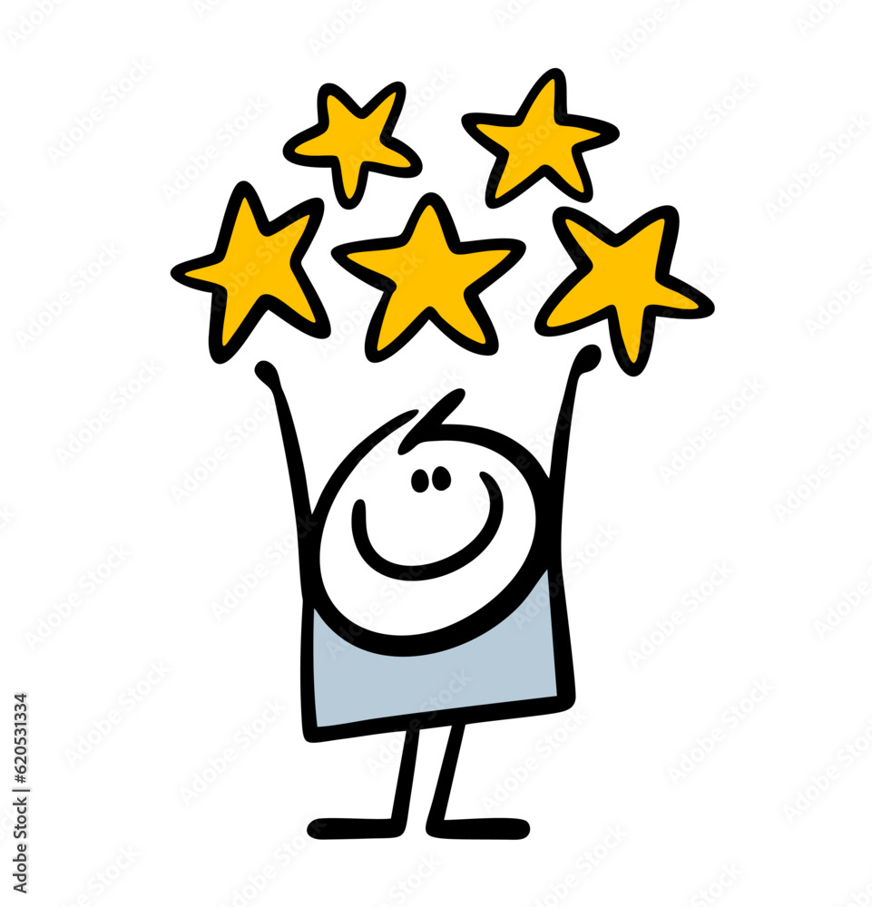 Cute child stickman waved his hands and holds the highest rating of five stars. Vector illustration of a satisfied consumer and buyer.