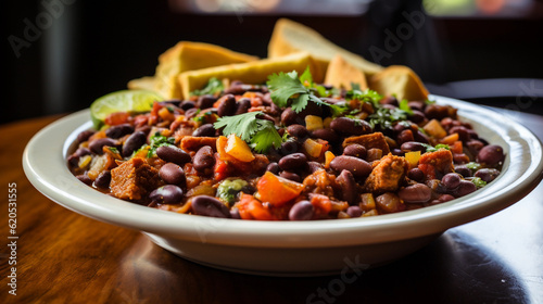 A bowl of spicy vegetarian chili, loaded with beans, vegetables, and aromatic spices