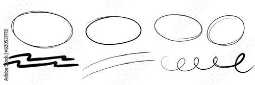 Highlight oval frames, marker arrows, underlines lines. Hand drawn scribble doodle circle set. Ovals and ellipses line template. Stock vector illustration isolated on white background.