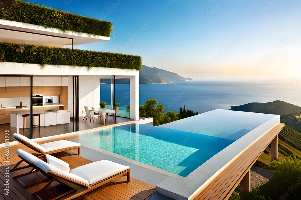 Traditional Mediterranean white house with pool on a hill with stunning sea view. Summer vacation background