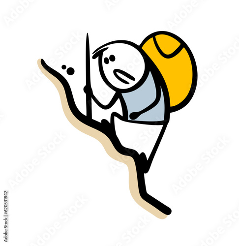 Tired athlete tourist with a staff climbs to the top of the mountain. Vector illustration of a difficult spoerty path in the rocks.