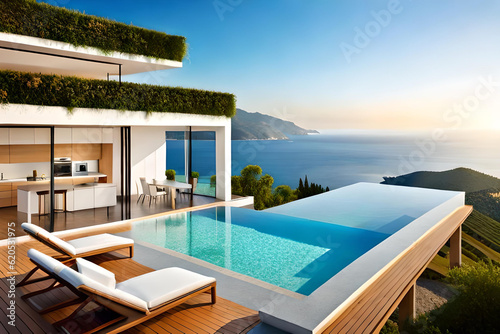 Traditional Mediterranean white house with pool on a hill with stunning sea view. Summer vacation background © GEMES