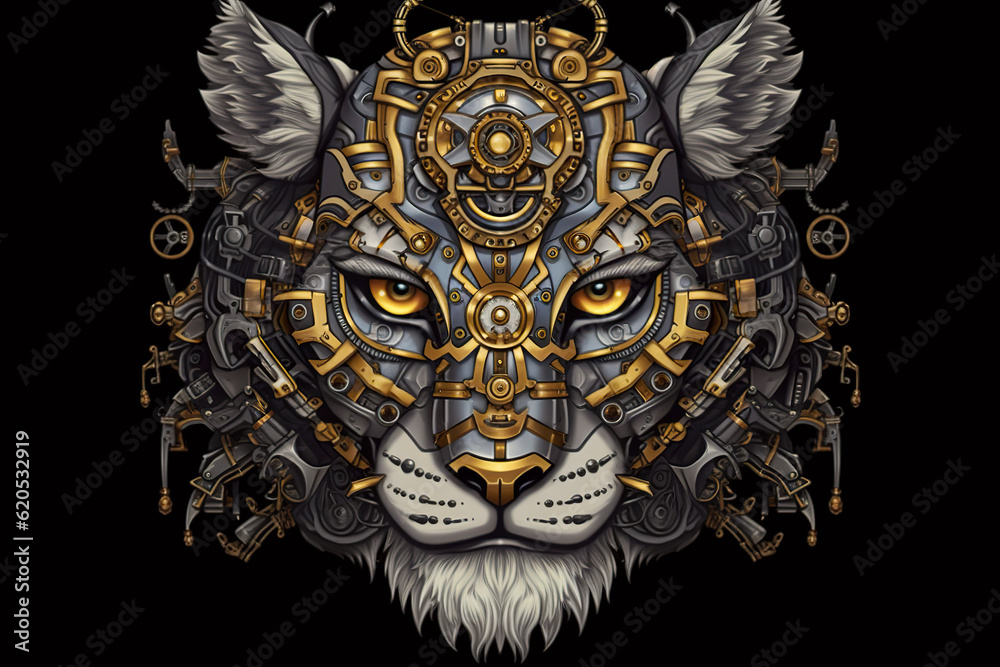 A close up of a tiger's face with a clock on it's face. Generative AI.