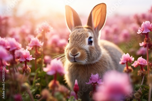 Cute Bunny in Flower Meadow - Generative ai