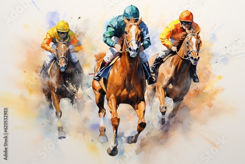 Trio of Jockeys in a Captivating Watercolor Artwork - Generative ai © Nld