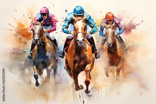 Jockeys Galloping in a Colorful Watercolor Painting - Generative ai © Nld