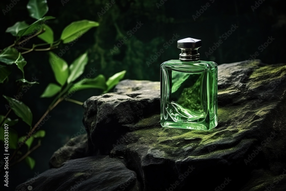 Aesthetic Green perfume bottle on a rock - Generative ai Aesthetic Green perfume bottle on a rock - Generative ai