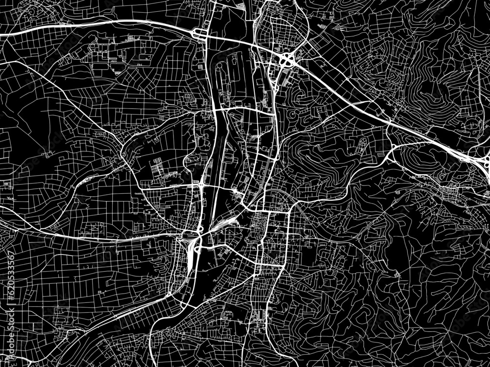 Vector road map of the city of  Heilbronn in Germany on a black background.