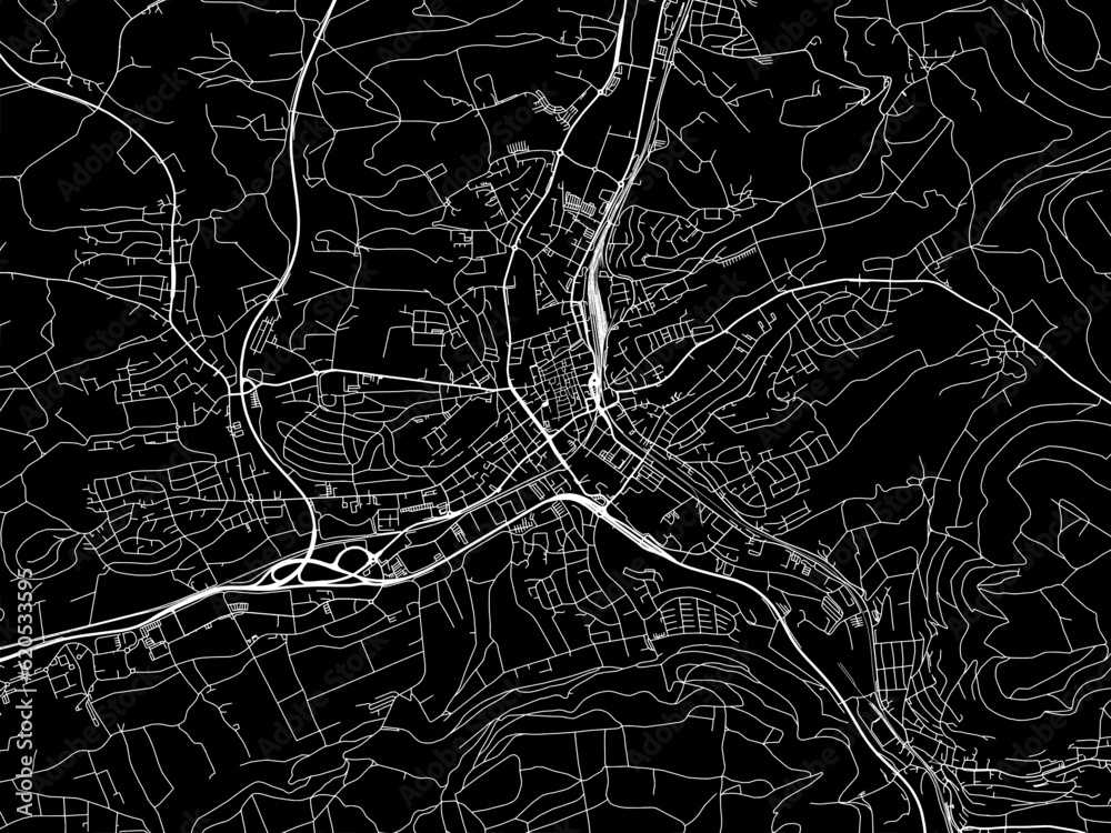 Vector road map of the city of  Aalen in Germany on a black background.