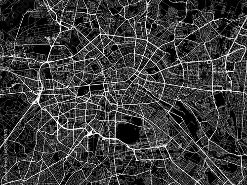 Vector road map of the city of  Berlin in Germany on a black background.