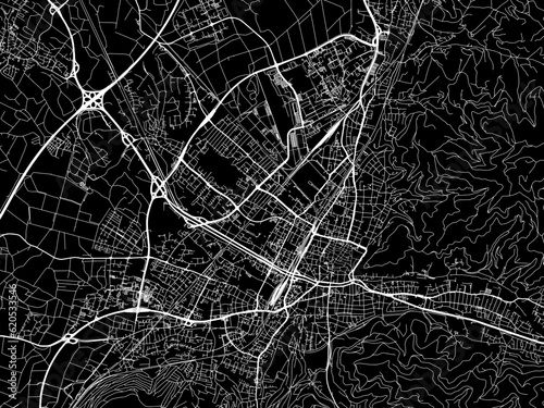 Vector road map of the city of Freiburg im Breisgau in Germany on a black background.