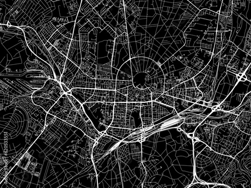 Vector road map of the city of  Karlsruhe in Germany on a black background.