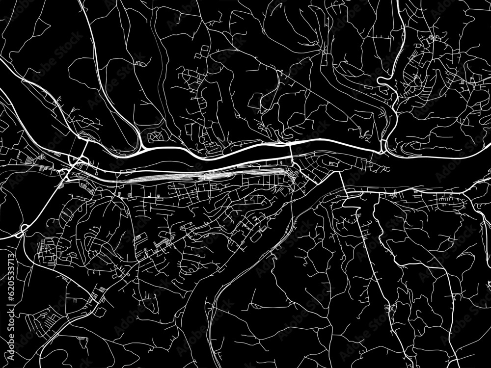 Vector road map of the city of  Passau in Germany on a black background.