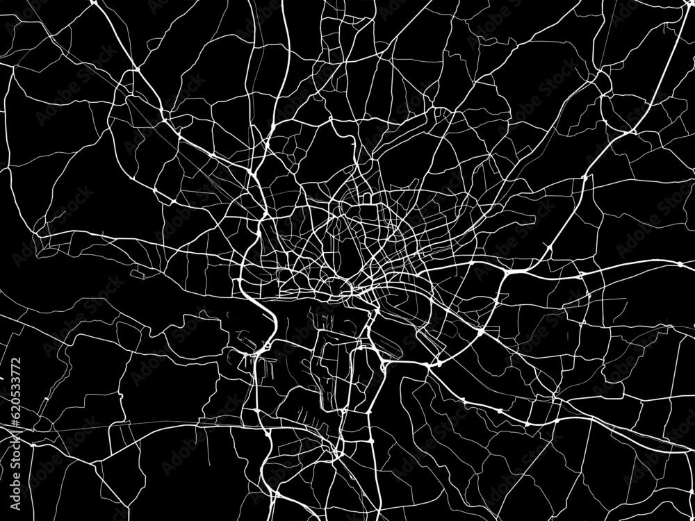 Vector road map of the city of  Hamburg Metropole in Germany on a black background.