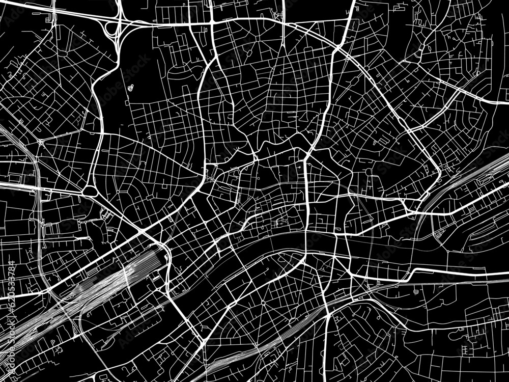 Vector road map of the city of  Frankfurt am Main in Germany on a black background.