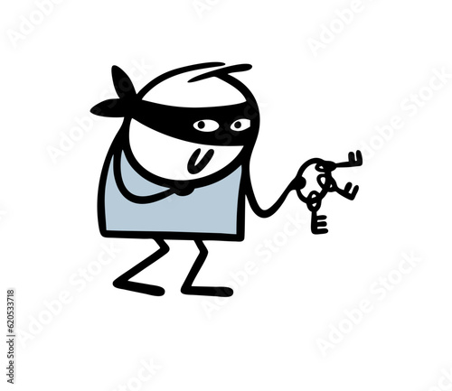 Cunning thief holds a bunch of lock picks in his hand and plans a crime. Vector illustration of the stickman robber opens the lock in the door.