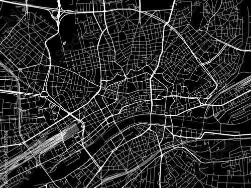 Vector road map of the city of  Frankfurt am Main in Germany on a black background.