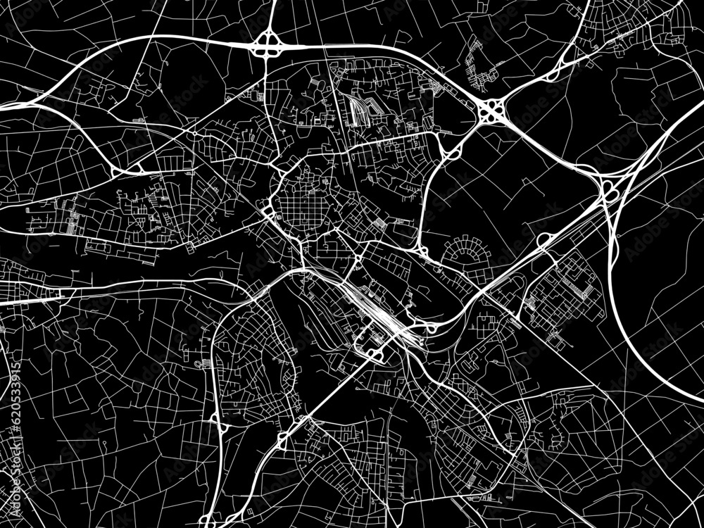 Vector road map of the city of  Hanau in Germany on a black background.